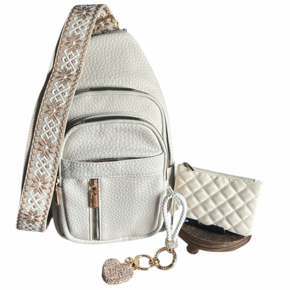 Sling Bag Beige, Quilted Faux Leather Coin Purse, Rhinestone Heart Keychain Set